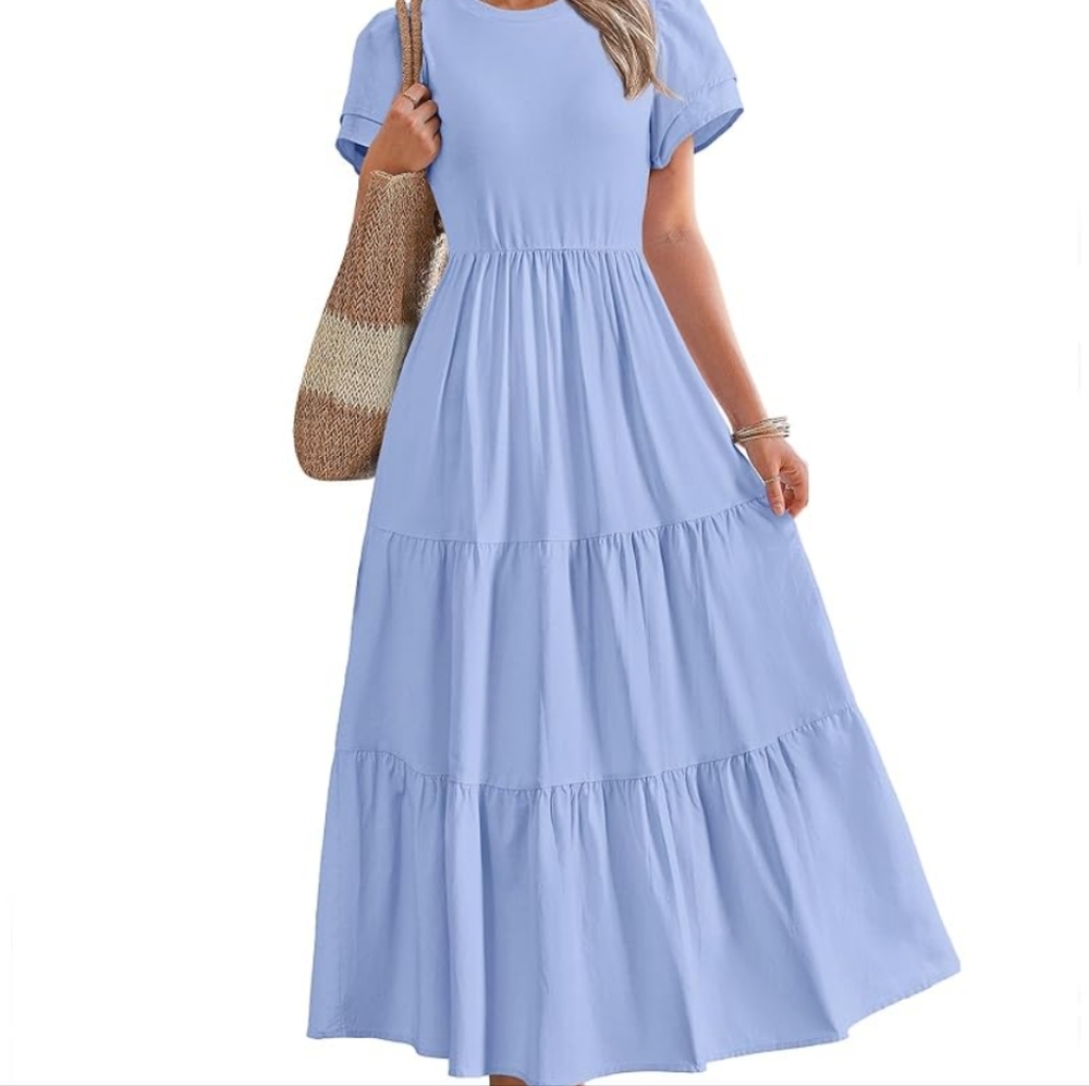 BTFBM Women Casual Summer Dress 2025 Spring Crewneck Short Sleeve Tiered Flowy